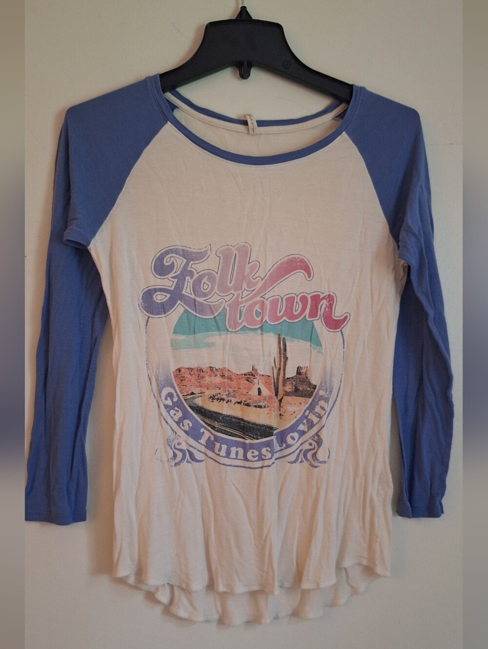 Spell Folk Town Raglan Graphic Tee in Cream & Blue